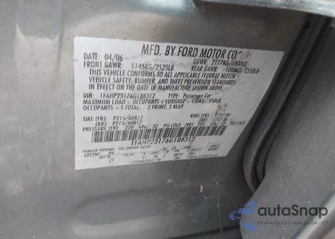 2006 Ford Five Hundred Se из США, поврежденный, VIN 1FAHP23176G188312